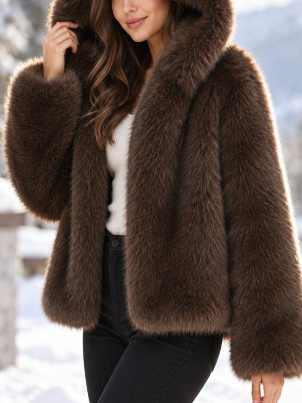 Coffee Brown Party Women's Faux Fur Hooded Short Coat